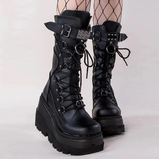 Punk Lace-Up Mid Calf Platform Boots | Pre Order
